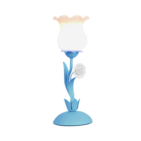 Pastoral Rose Bud Table Light - Opal Matte Glass Nightstand Lamp With Pink/Blue/Green Vine