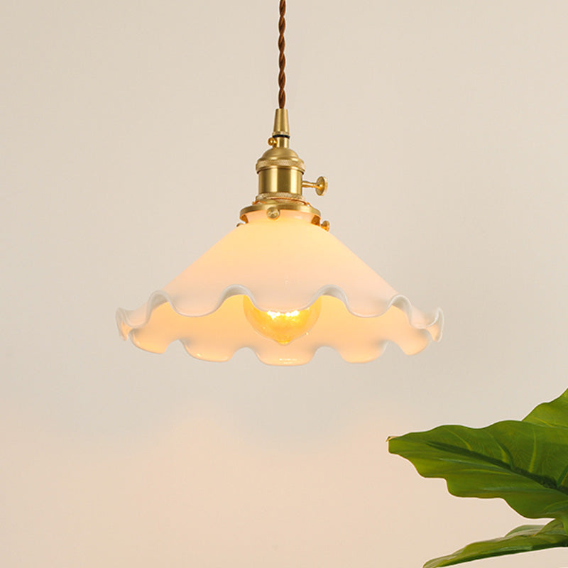 Conical Frosted Glass Drop Pendant Ceiling Lamp With Ruffle Edge For Bedroom - 1-Light Pastoral