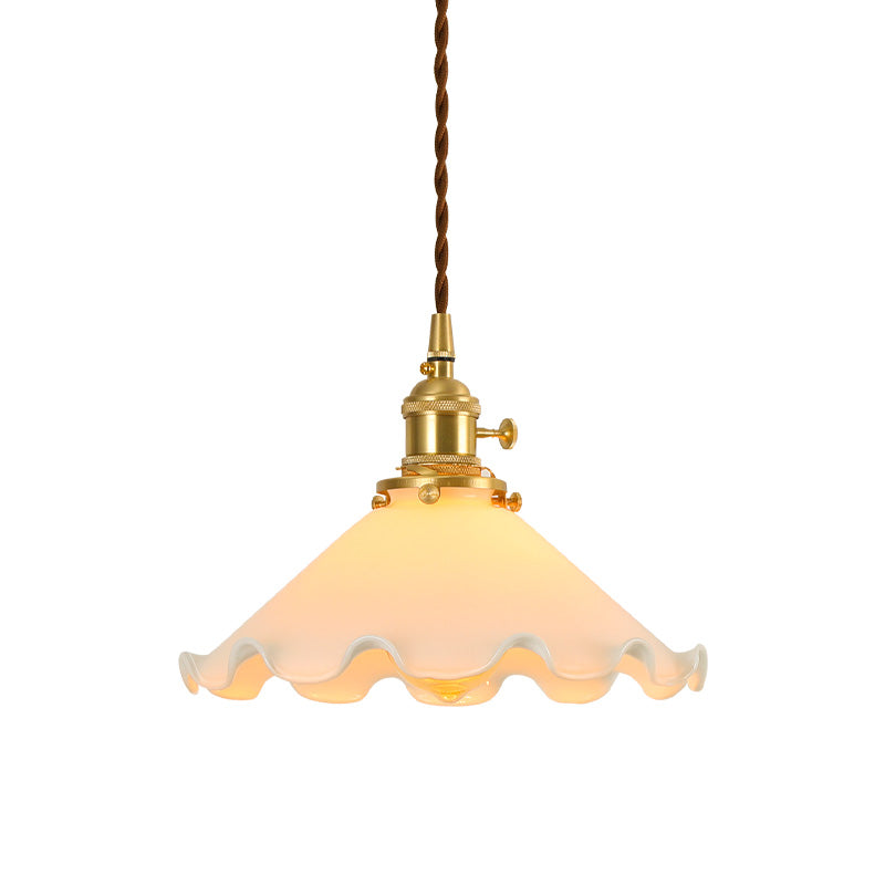 Conical Frosted Glass Drop Pendant Ceiling Lamp With Ruffle Edge For Bedroom - 1-Light Pastoral