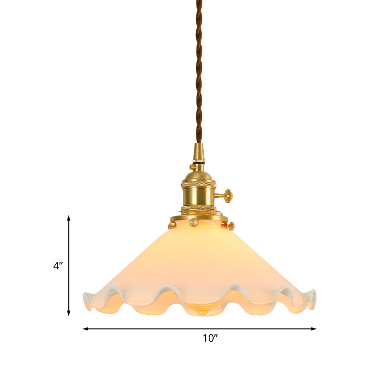 Conical Frosted Glass Drop Pendant Ceiling Lamp With Ruffle Edge For Bedroom - 1-Light Pastoral