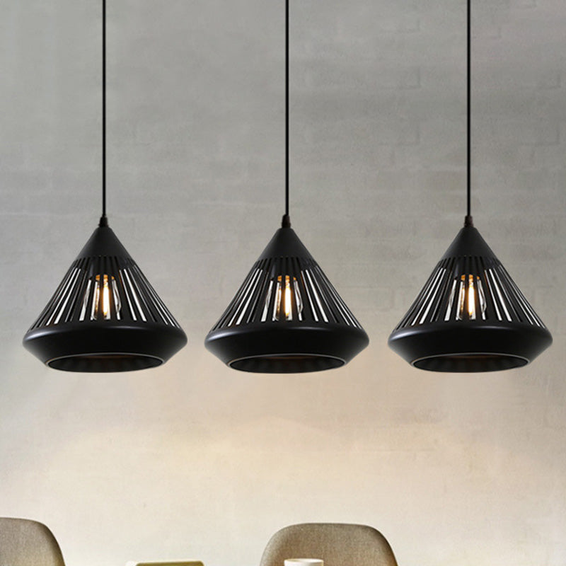 Retro Diamond Iron Ceiling Pendant Light - 3-Head Multi Hanging Lamp With Hollowed-Out Design Black