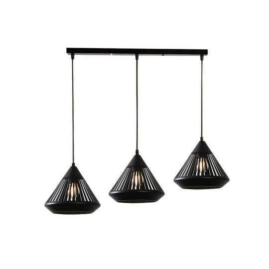 Retro Diamond Iron Ceiling Pendant Light - 3-Head Multi Hanging Lamp With Hollowed-Out Design Black