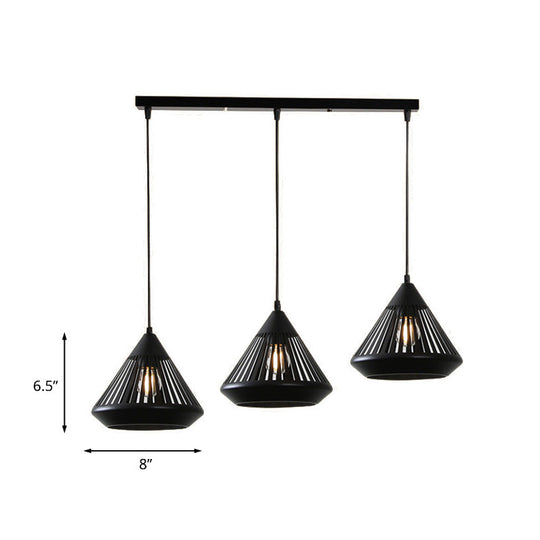 Retro Diamond Iron Ceiling Pendant Light - 3-Head Multi Hanging Lamp With Hollowed-Out Design Black