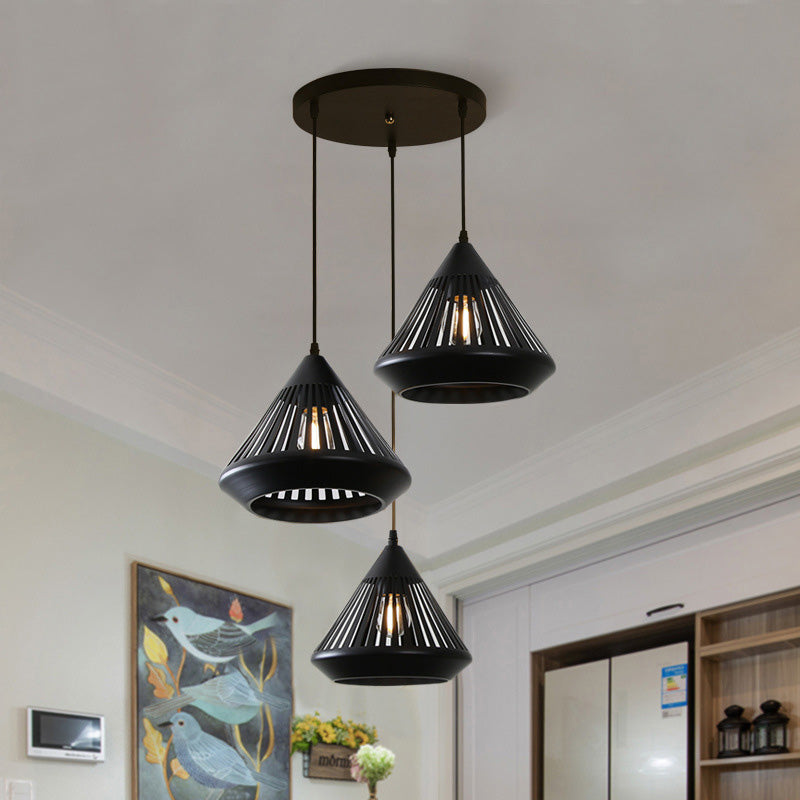 Retro Diamond Iron Ceiling Pendant Light - 3-Head Multi Hanging Lamp With Hollowed-Out Design Black