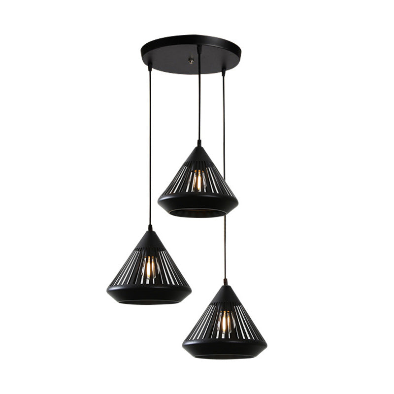 Retro Diamond Iron Ceiling Pendant Light - 3-Head Multi Hanging Lamp With Hollowed-Out Design Black