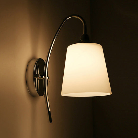 Modernist Bell Milk Glass Sconce Light With Curved Arm