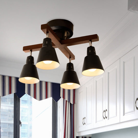 Tapered Rotatable Ceiling Fixture: 4-Light Iron Semi Flush Mount lighting in Black/White