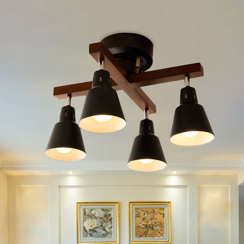 Tapered Rotatable Ceiling Fixture: 4-Light Iron Semi Flush Mount lighting in Black/White