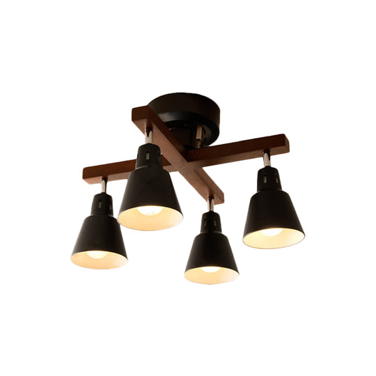 Tapered Rotatable Ceiling Fixture: 4-Light Iron Semi Flush Mount lighting in Black/White