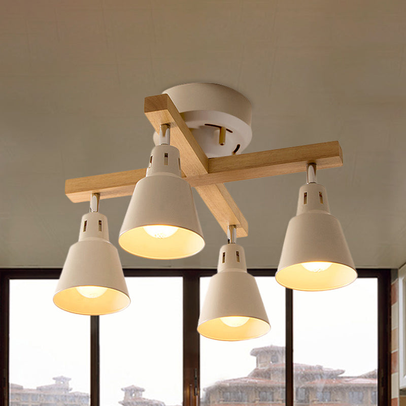 Tapered Rotatable Ceiling Fixture: 4-Light Iron Semi Flush Mount lighting in Black/White