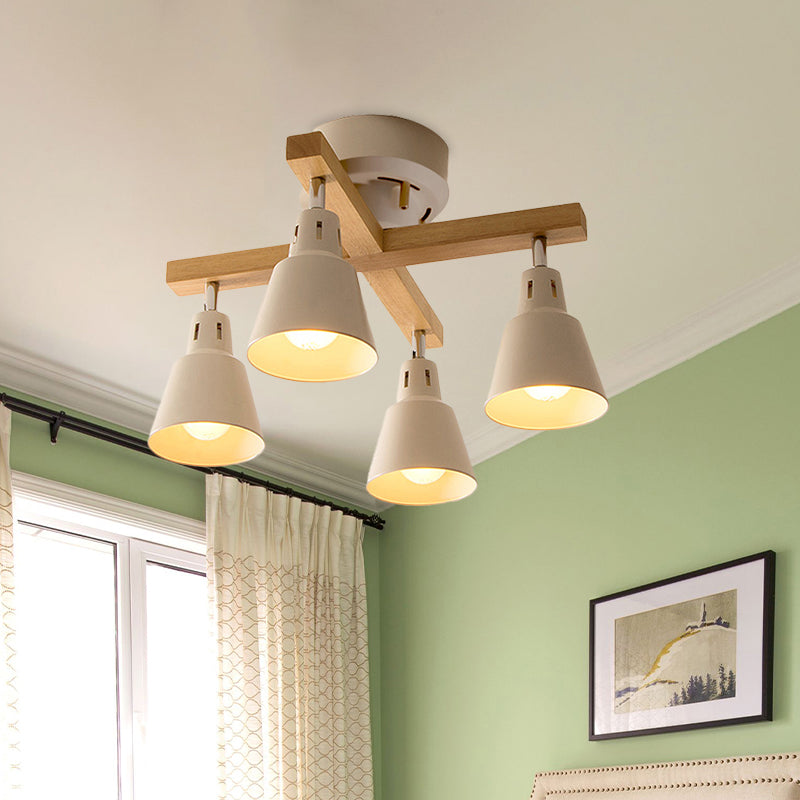 Tapered Rotatable Ceiling Fixture: 4-Light Iron Semi Flush Mount lighting in Black/White