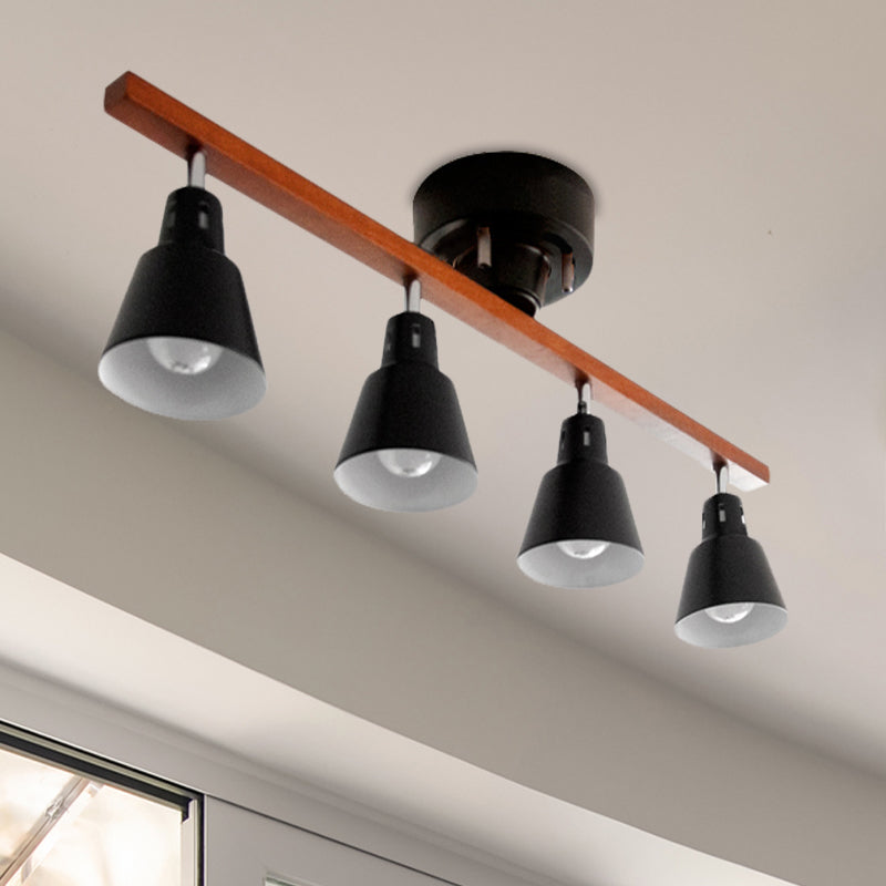 Rotating Horn Flush Ceiling Light Nordic White/Black Iron Semi Mount With Wood Beam Arm - Set Of 4