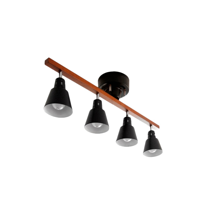 Rotating Horn Flush Ceiling Light Nordic White/Black Iron Semi Mount with Wood Beam Arm - Set of 4 Bulbs