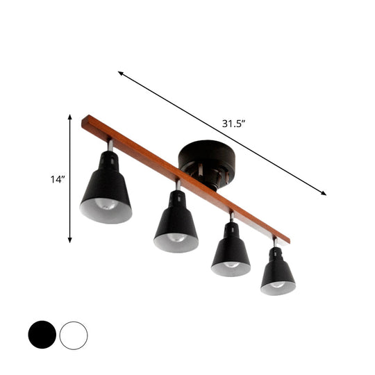 Rotating Horn Flush Ceiling Light Nordic White/Black Iron Semi Mount with Wood Beam Arm - Set of 4 Bulbs