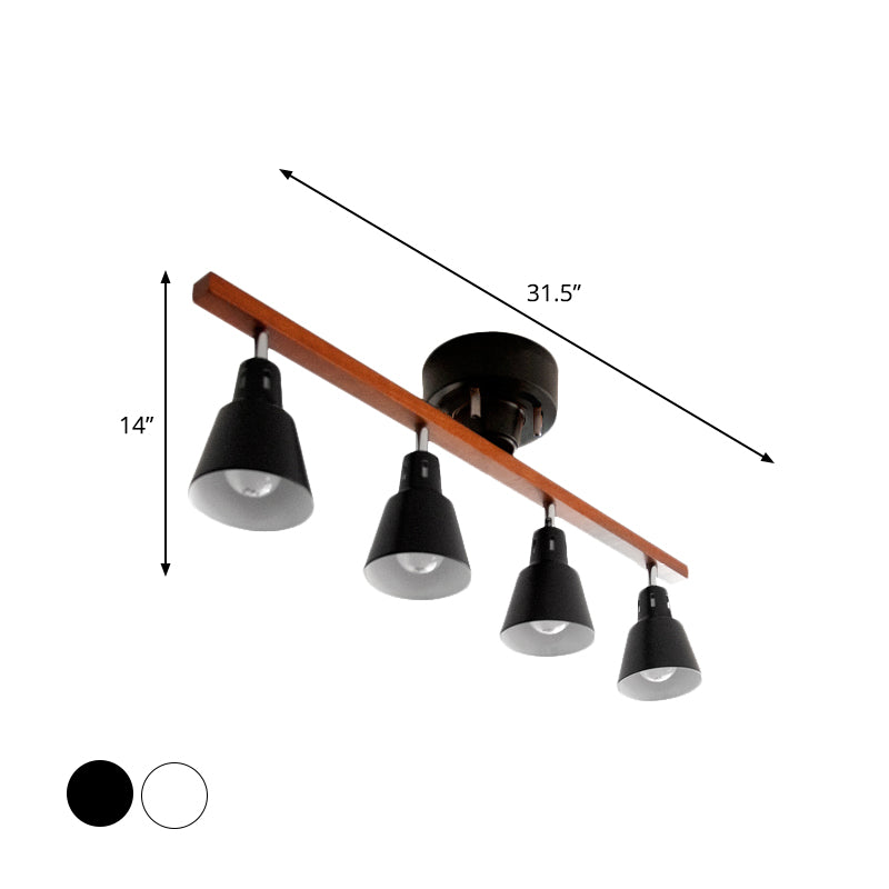 Rotating Horn Flush Ceiling Light Nordic White/Black Iron Semi Mount With Wood Beam Arm - Set Of 4