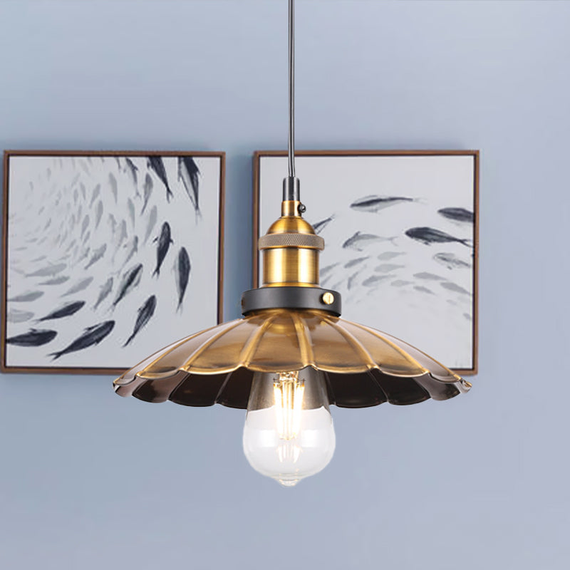 Retro Antique Gold Pendant Light Fixture - 1-Light Iron Lid Hammered Cone Design Ideal For Dining