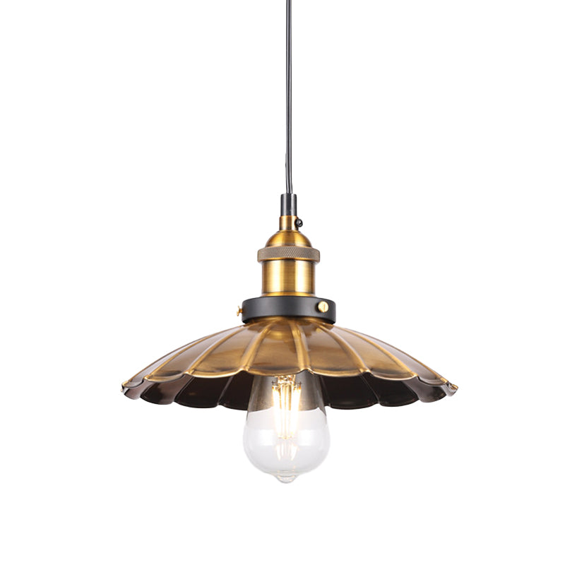 Retro Antique Gold Pendant Light Fixture - 1-Light Iron Lid Hammered Cone Design Ideal For Dining