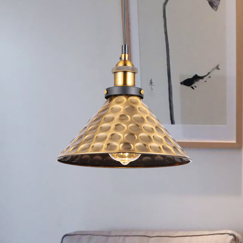 Retro Antique Gold Pendant Light Fixture - 1-Light Iron Lid Hammered Cone Design Ideal For Dining