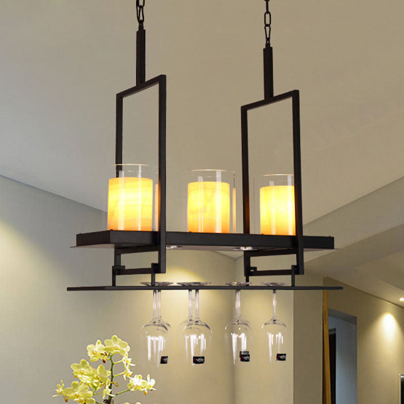 Traditional Black Marble Pendant Light With Metal Wine Glass Rack - 3/5 Heads Cylinder Island