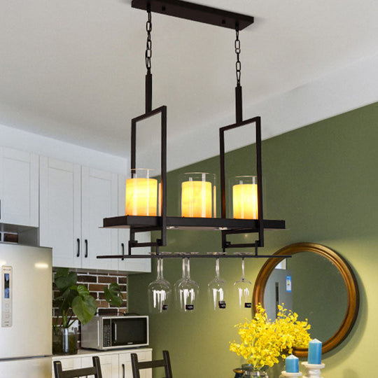 Traditional Black Marble Pendant Light With Metal Wine Glass Rack - 3/5 Heads Cylinder Island