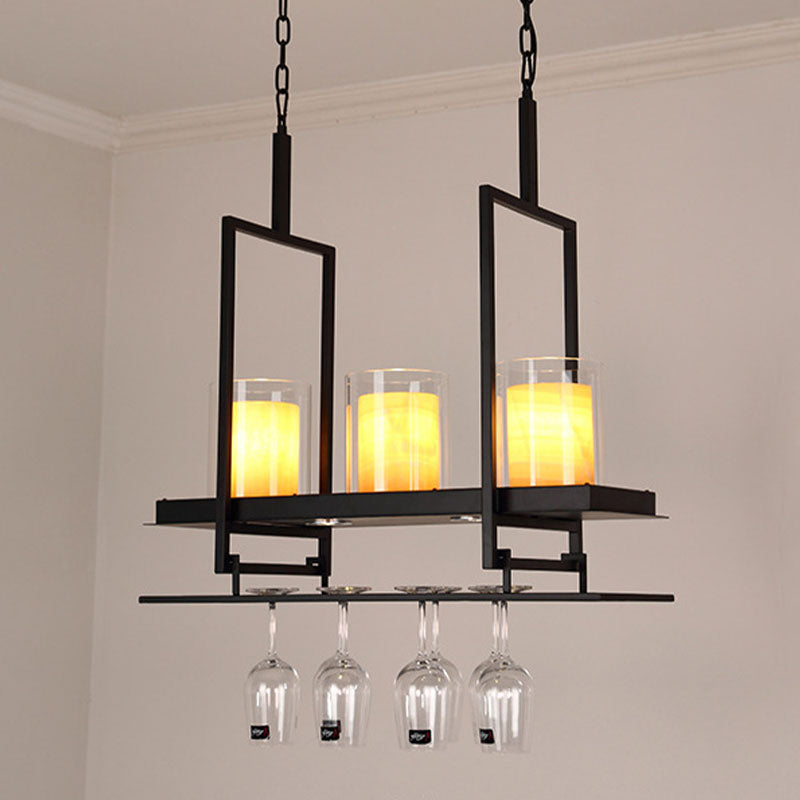 Traditional Black Marble Pendant Light With Metal Wine Glass Rack - 3/5 Heads Cylinder Island