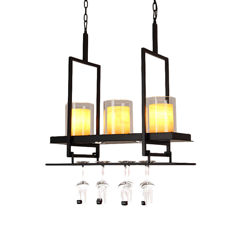 Traditional Black Marble Pendant Light With Metal Wine Glass Rack - 3/5 Heads Cylinder Island