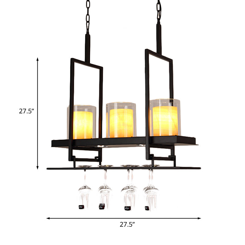 Traditional Black Marble Pendant Light With Metal Wine Glass Rack - 3/5 Heads Cylinder Island