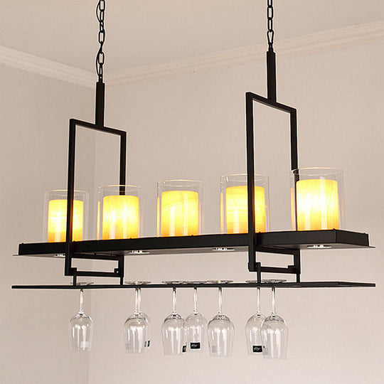 Traditional Black Marble Pendant Light With Metal Wine Glass Rack - 3/5 Heads Cylinder Island