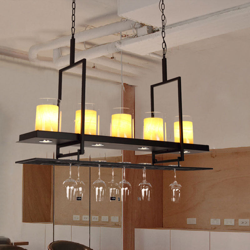 Traditional Black Marble Pendant Light With Metal Wine Glass Rack - 3/5 Heads Cylinder Island