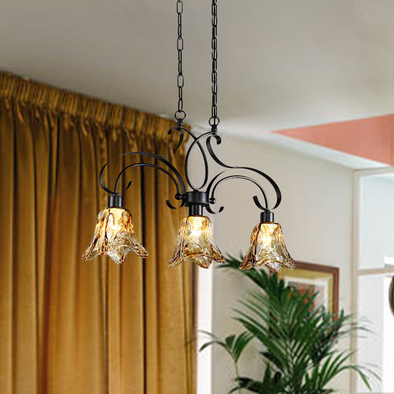 Traditional Black Island Lamp With Amber Glass Floral Design And 3 Down Lighting Pendants For Dining