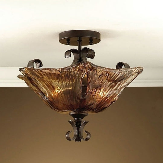 Traditional Black Flower Semi Flush Light with Amber Glass and 3 Lights - Perfect for Living Room Ceiling Lighting