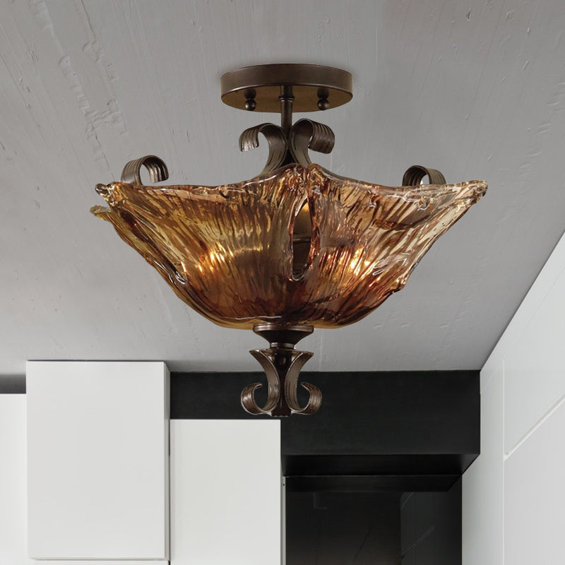 Traditional Black Flower Semi Flush Light with Amber Glass and 3 Lights - Perfect for Living Room Ceiling Lighting