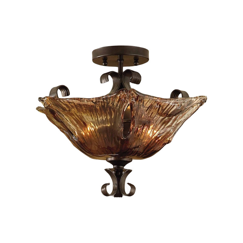 Traditional Black Flower Semi Flush Light with Amber Glass and 3 Lights - Perfect for Living Room Ceiling Lighting