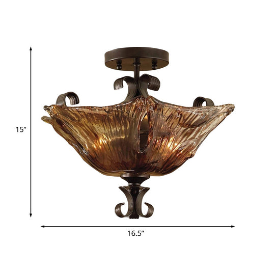 Traditional Black Flower Semi Flush Light with Amber Glass and 3 Lights - Perfect for Living Room Ceiling Lighting