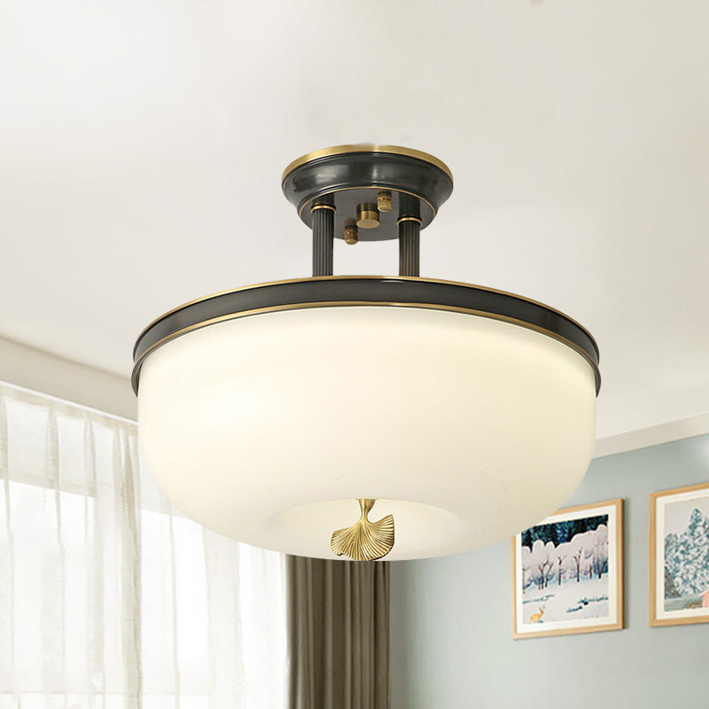 Traditionalist Bowl Semi Flush Mount Led Ceiling Light Fixture Frosted Glass In Black/Gold 12/16