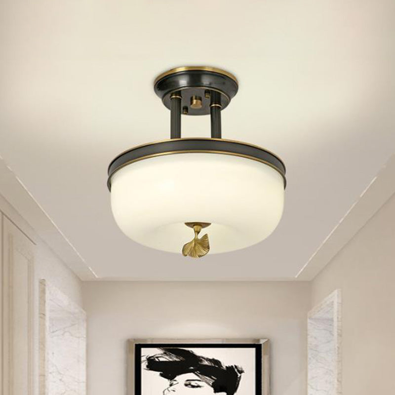 Traditionalist Bowl Semi Flush Mount Led Ceiling Light Fixture Frosted Glass In Black/Gold 12/16