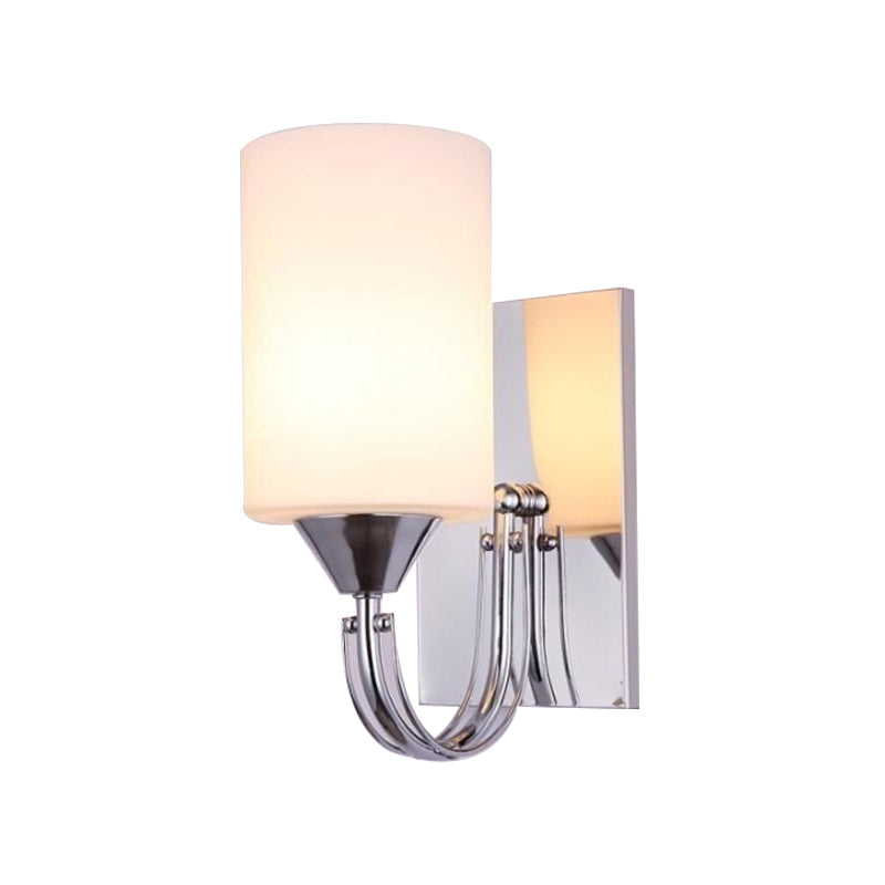 Modernist Silver Cylindrical Sconce Light: Wall-Mounted Lamp With Curved Arm & White Glass Shade