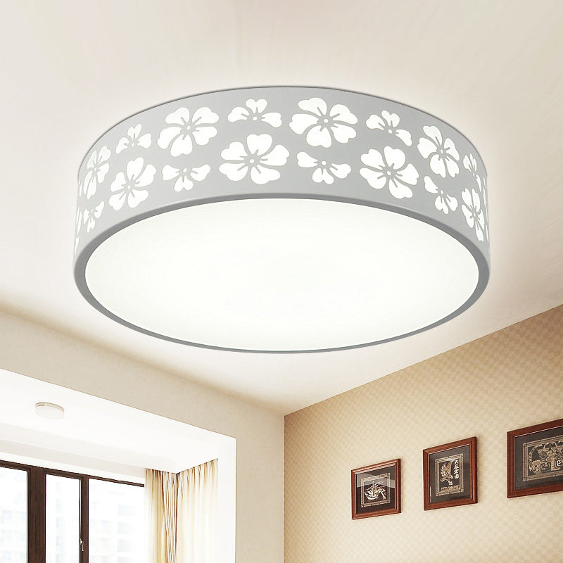 Modernist White LED Flush-Mount Iron Carved Drum Ceiling Light with Recessed Diffuser, 12"/16"/19.5" Dia