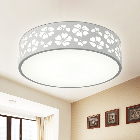 Modernist White LED Flush-Mount Iron Carved Drum Ceiling Light with Recessed Diffuser, 12"/16"/19.5" Dia