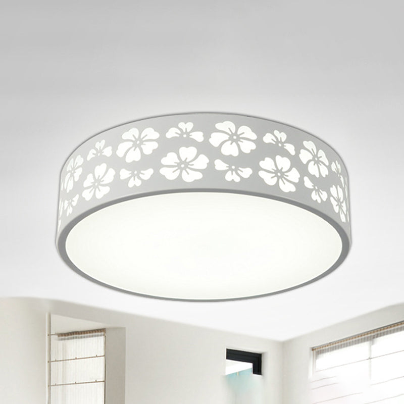 Modernist White LED Flush-Mount Iron Carved Drum Ceiling Light with Recessed Diffuser, 12"/16"/19.5" Dia