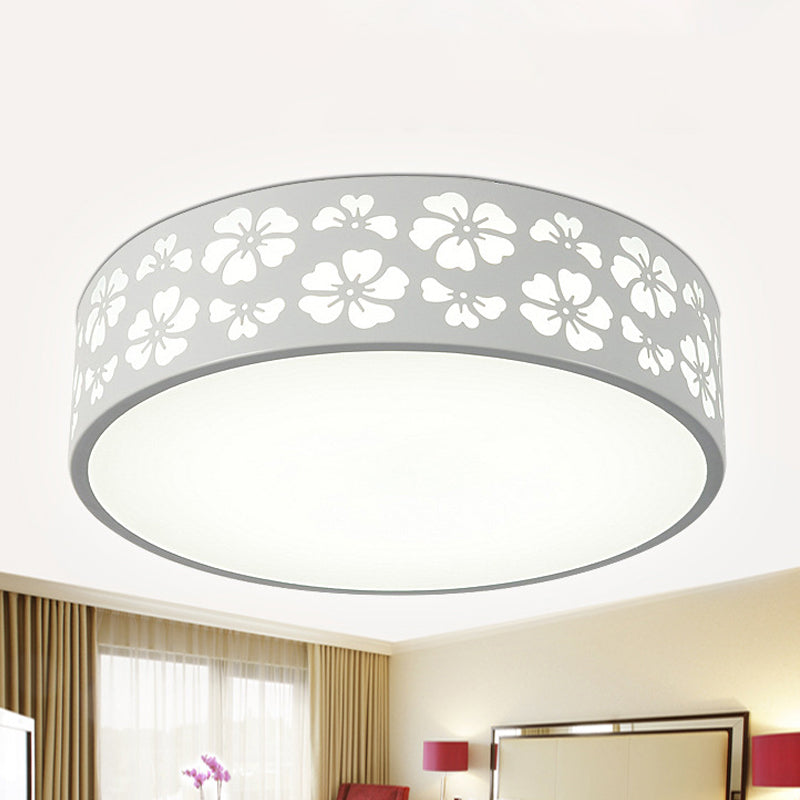 Modernist White LED Flush-Mount Iron Carved Drum Ceiling Light with Recessed Diffuser, 12"/16"/19.5" Dia