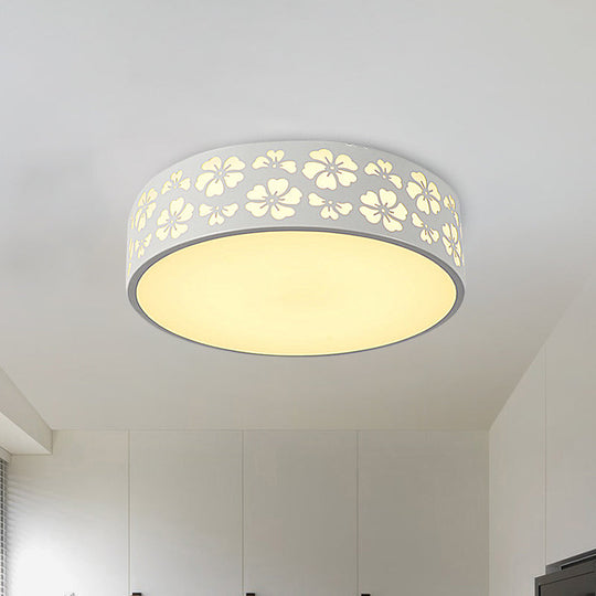 Modernist White Led Flush-Mount Iron Carved Drum Ceiling Light With Recessed Diffuser 12/16/19.5 Dia