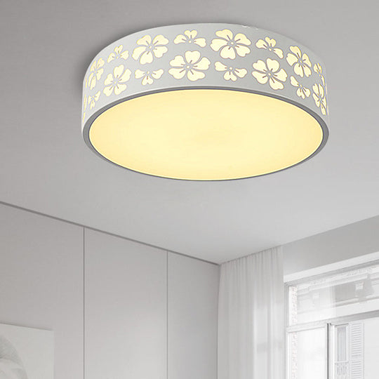 Modernist White Led Flush-Mount Iron Carved Drum Ceiling Light With Recessed Diffuser 12/16/19.5 Dia