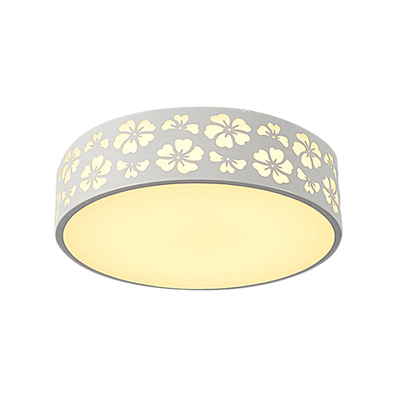 Modernist White LED Flush-Mount Iron Carved Drum Ceiling Light with Recessed Diffuser, 12"/16"/19.5" Dia