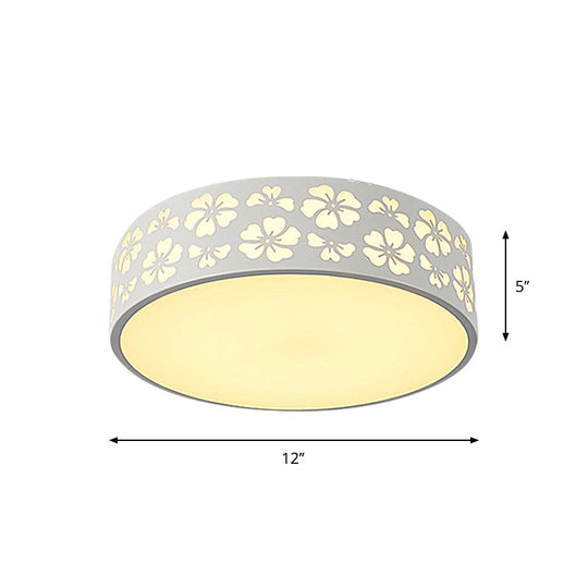 Modernist White LED Flush-Mount Iron Carved Drum Ceiling Light with Recessed Diffuser, 12"/16"/19.5" Dia