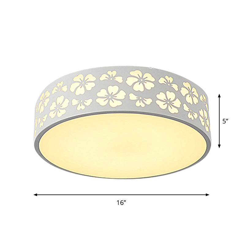 Modernist White LED Flush-Mount Iron Carved Drum Ceiling Light with Recessed Diffuser, 12"/16"/19.5" Dia