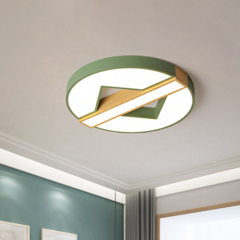 LED Macaron Green/Grey-Wood Bedroom Ceiling Light - 16.5"/20.5" Flushmount with Round Acrylic Shade, Warm/White Light