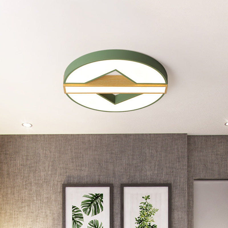 LED Macaron Green/Grey-Wood Bedroom Ceiling Light - 16.5"/20.5" Flushmount with Round Acrylic Shade, Warm/White Light