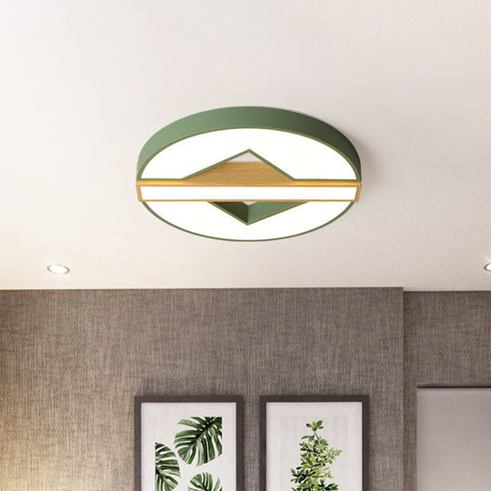 Led Macaron Green/Grey-Wood Bedroom Ceiling Light - 16.5/20.5 Flushmount With Round Acrylic Shade