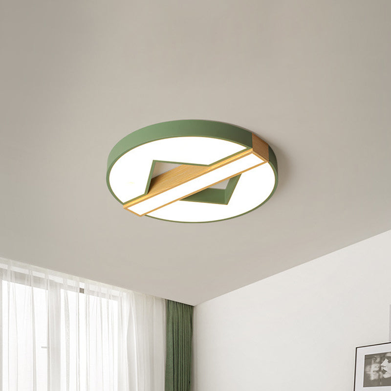 LED Macaron Green/Grey-Wood Bedroom Ceiling Light - 16.5"/20.5" Flushmount with Round Acrylic Shade, Warm/White Light